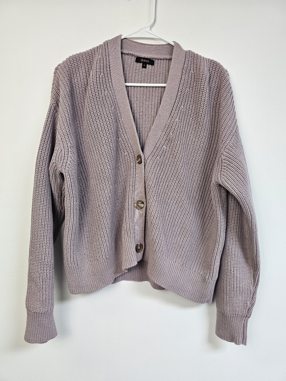 Quince Fisherman Boxy Ribbed Cardigan Sweater Dusty Mauve Rose Relaxed Fit